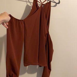 Burnt red cold shoulder halter neck